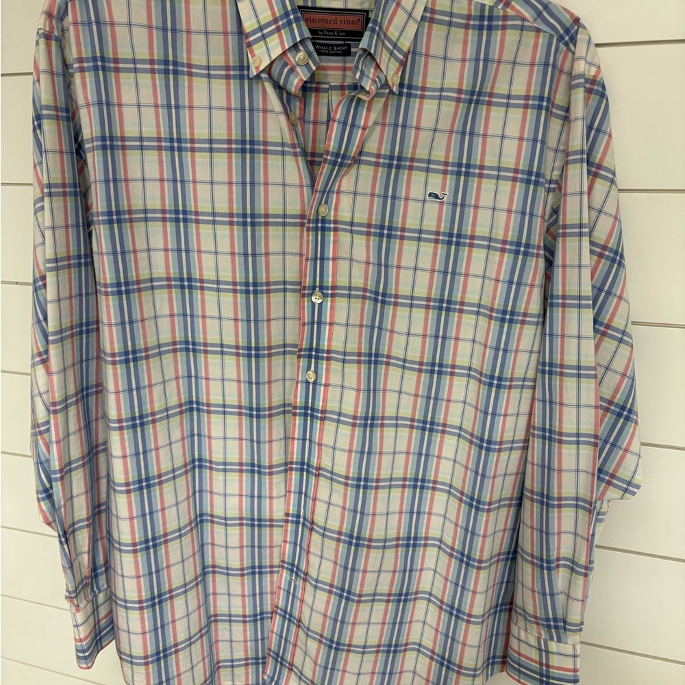 Vineyard Vines Men's Blue and Pink Plaid Shirt